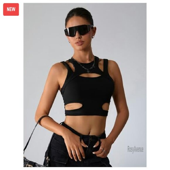 Cut Out Crop Tank Top - Stretchy Fitted Clubwear for Women - Picture 5 of 6